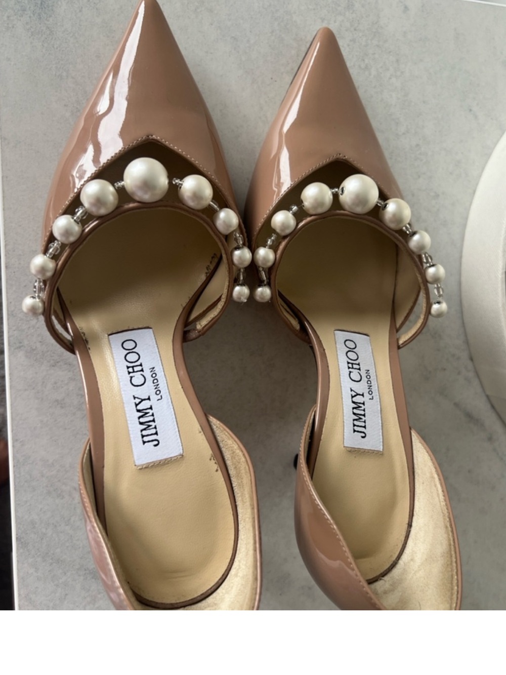 Jimmy Choo Nude Patent Pearl-Trim Pointed Toe Mules